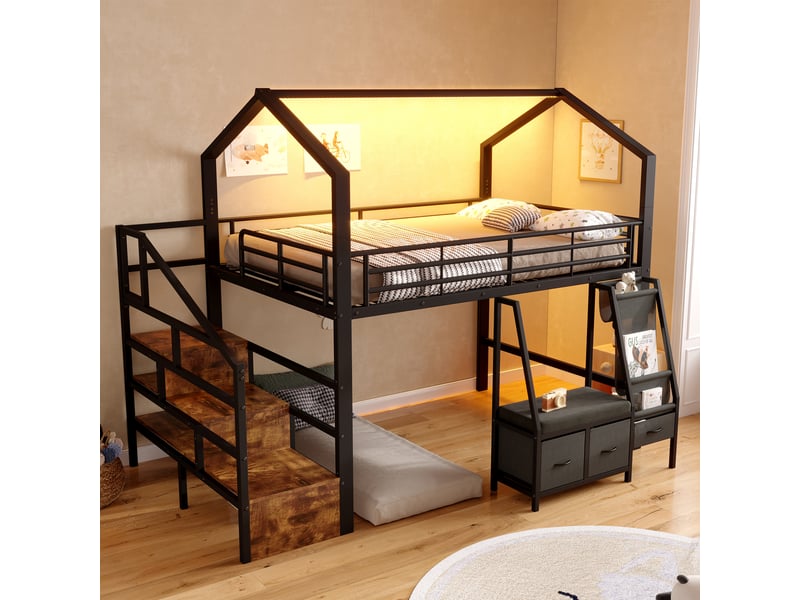 Lit mezzanine cabane 140x200 cm, escalier avec rangement, étagère en tissu et tiroirs, led multicolores, métal et mdf, noir OMNIGLINT TRADING LTD - Conforama B