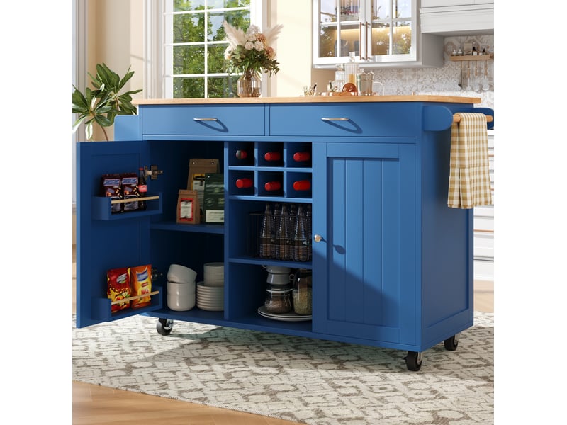  Desserte de cuisine 102 x 45 x 92 cm en mdf avec roulettes verrouillables, bleue  - Conforama E