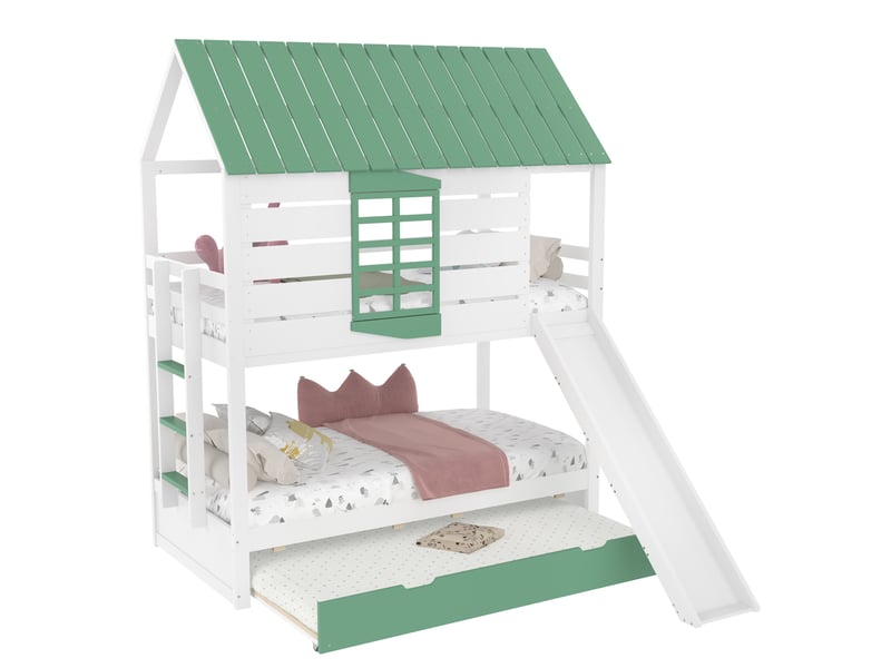  Modenvie lit superposé cabane 90x200 cm - avec toboggan, lit gigogne et barrières - blanc et vert  - Conforama A