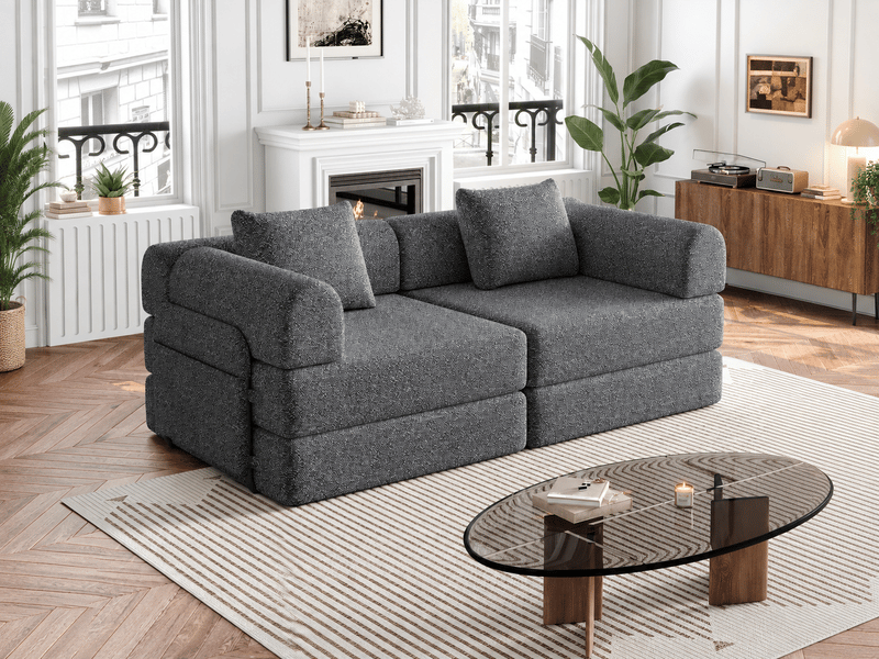 Canapé convertible modulable 2-en-1 en chenille, 2 places, accoudoirs avec rangement, cadre acier, gris, design moderne - Conforama B