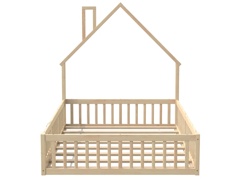 Lit cabane enfant 140x200 cm en pin naturel, style minimaliste, forme cheminée, sommier à lattes - Conforama A