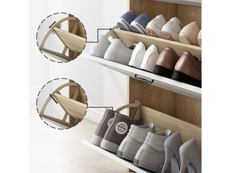  Meuble à chaussures 80x23,5x131 cm, portes et tiroirs, meuble bureau et salon, panneau de particules, blanc et naturel  - Conforama E