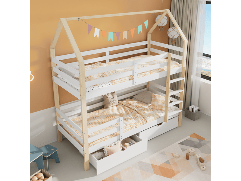  Lit enfant superposé 90x200 cm avec sommier à lattes, blanc + couleur bûche, lit superposé pour enfants avec tiroirs extra larges  - Conforama D