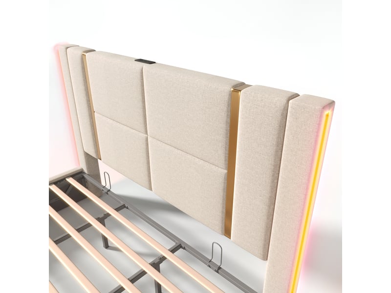  Lit double 180x200 cm bois lin beige rangements led app ports usb-c sans matelas  - Conforama E