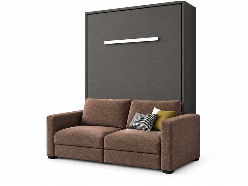  Lit escamotable vertical kimber avec canapé tissu intégré – le salon le jour, un vrai lit la nuit-140x190-cadre anthracite-façade anthracite-canapé marron  - Conforama A
