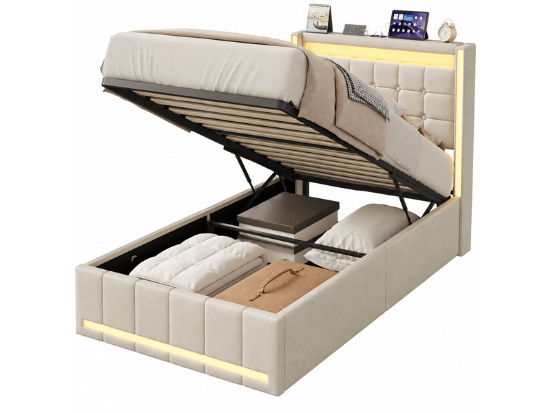 Lit coffre 90x200 avec led et usb, lit 1 place avec rangement hydraulique, lit simple rembourré avec sommier à lattes, sans matelas - Conforama A