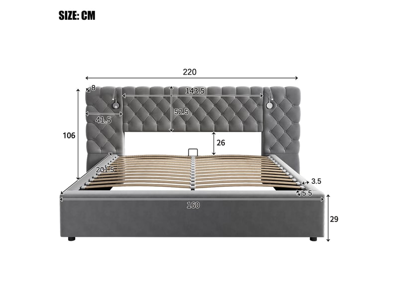  Lit adulte coffre 160x200cm avec espace de rangement, grande tête en velours, cadre à lattes inclus, gris, sans matelas  - Conforama C