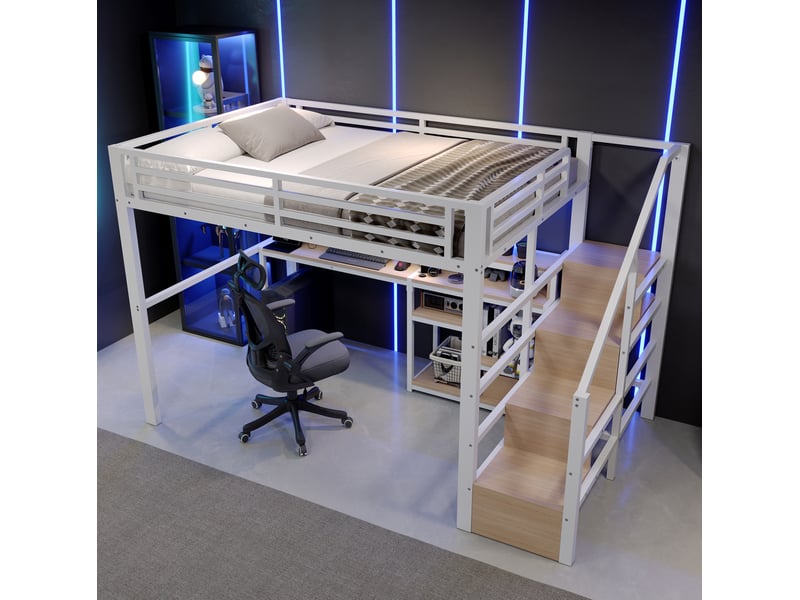 Lit mezzanine 140x200 cm avec rangement, led et usb-c blanc  - Conforama E