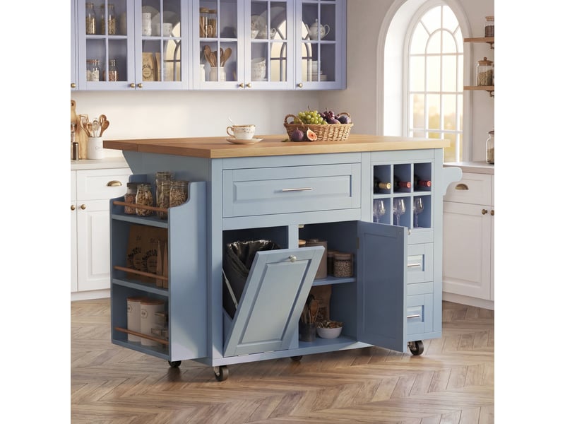  Îlot de cuisine sur roulettes bleu avec plateau rabattable, desserte de cuisine bleue avec panier à vin et espace poubelle, 143x75x91cm  - Conforama D