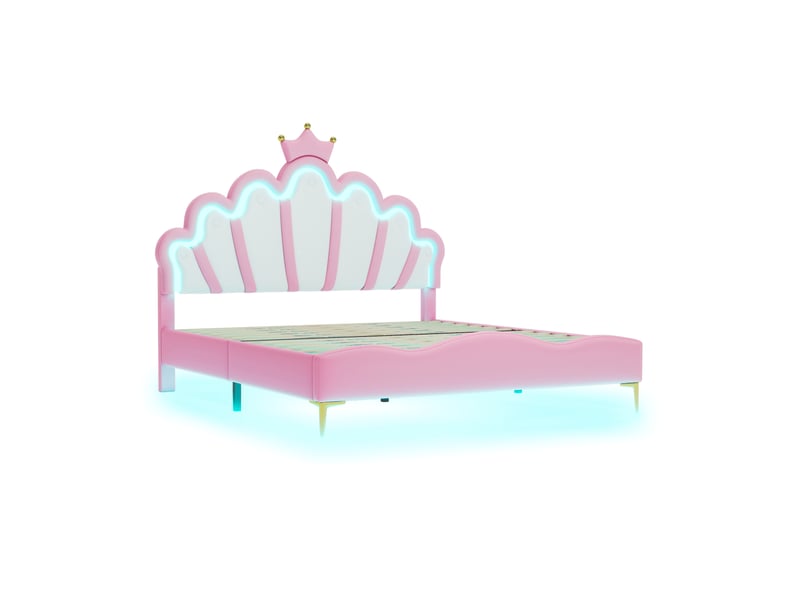  Lit princesse rose 140x200 cm en similicuir pu, tête couronne et led réglable  - Conforama E