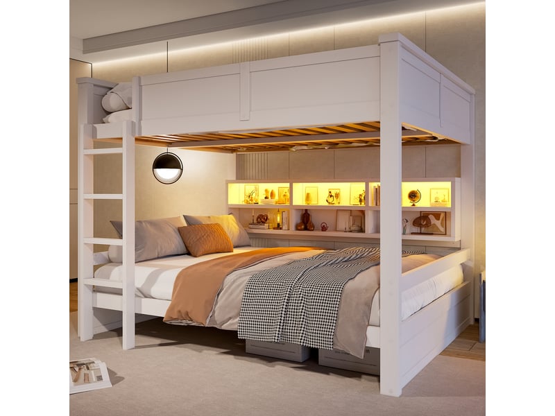 Lit superposé 160x200 cm blanc, avec 6 rangements, led, structure bois, sommier inclus, sans matelas - Conforama B