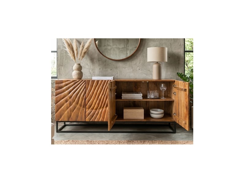  Buffet silva 177 cm en bois massif de manguier sculpté – 4 portes et piètement métal noir  - Conforama E