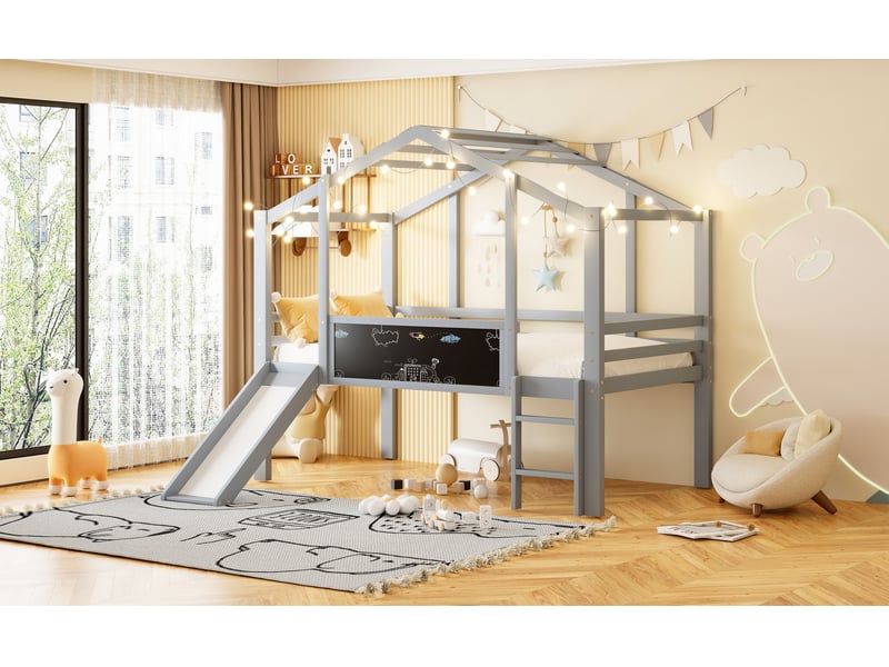 Lit mezzanine enfant 90 x 200 cm avec toboggan, échelle, tableau et barrières gris  - Conforama E