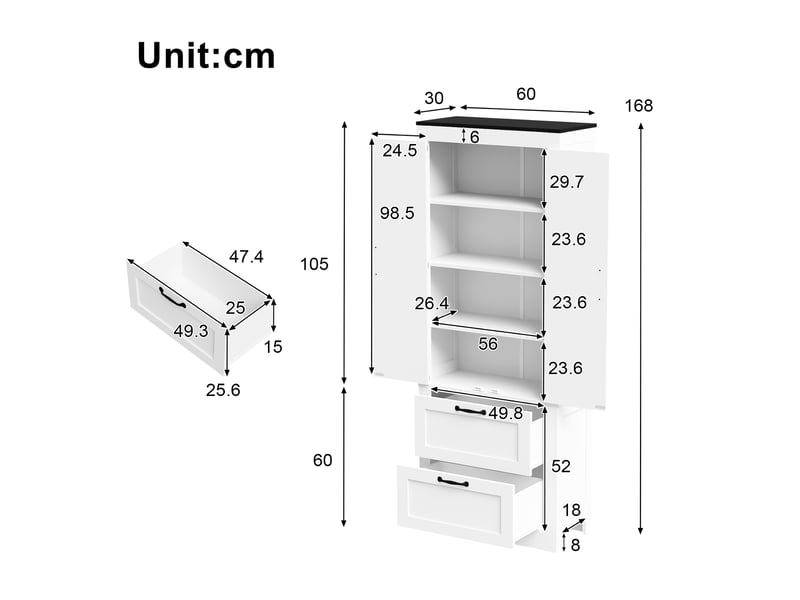 Buffet de cuisine haut blanc 60x30x168 cm, 2 portes et 2 tiroirs intégrés, meuble rangement cuisine - Conforama C