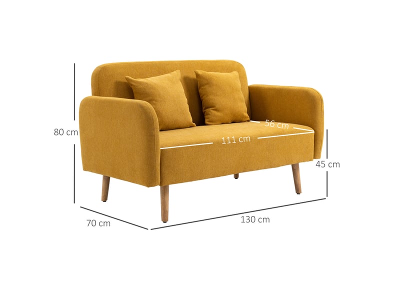  Canapé droit 130x70x80cm 2 places, allure moderne, 2 coussins, pour salon, piètement en bois, tissu polyester, jaune  - Conforama C
