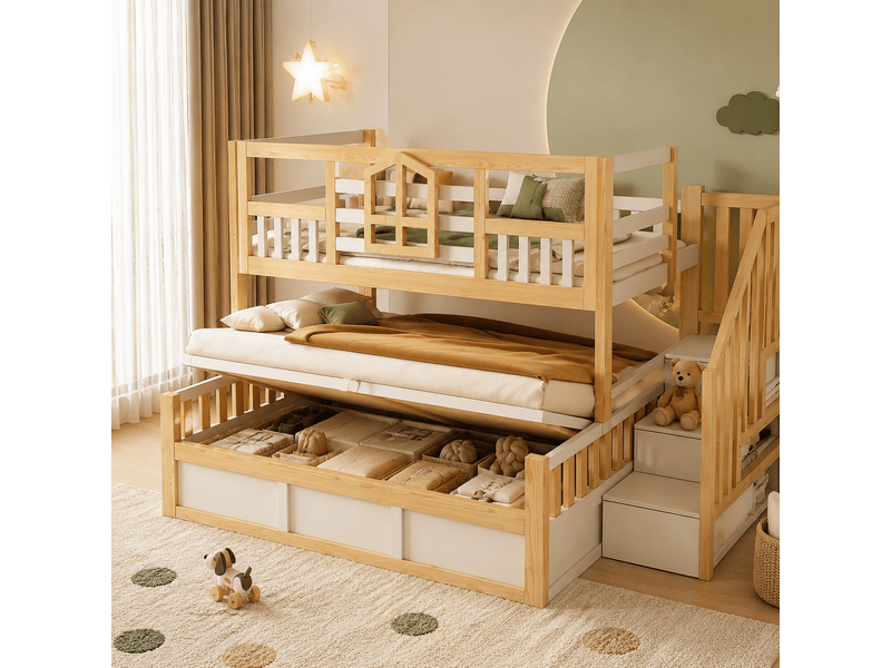  Lit superposé enfant 90x200 cm et 140x200 cm style cabane blanc bois naturel avec fenêtre barrière sécurité escalier rangement coffre hydraulique en747 sans matelas  - Conforama B