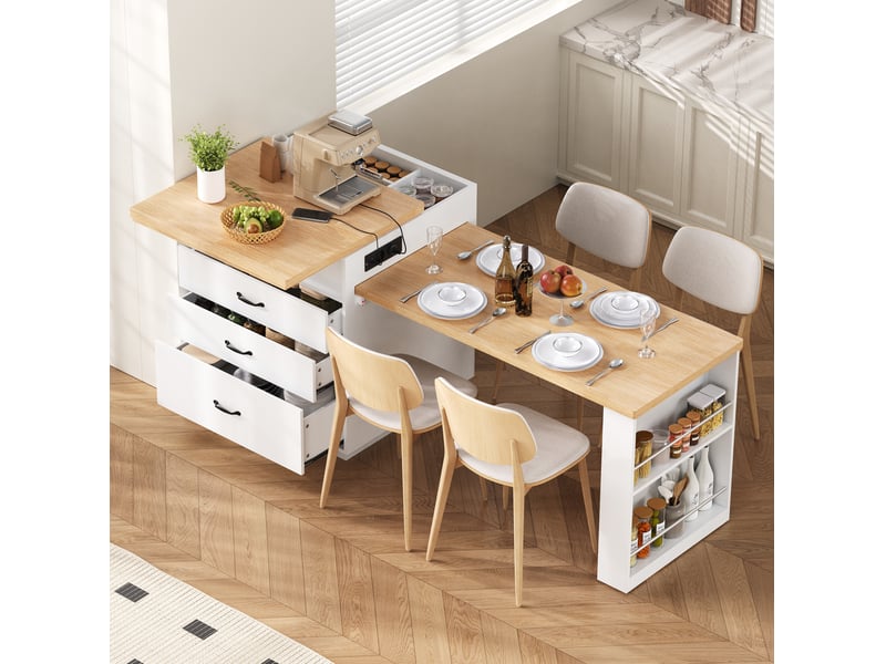  Îlot de cuisine extensible à roulettes, led, blanc et aspect bois  - Conforama D