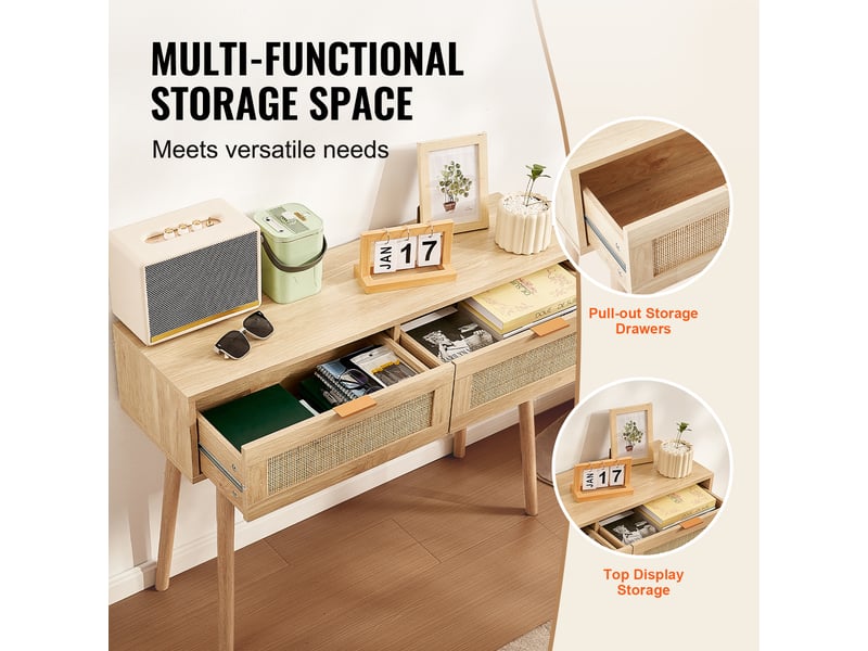  Vevor table console rotin, 2 tiroirs, porte coulissante. 1000x300x745 mm, rangement salon, bureau, entrée.  - Conforama C