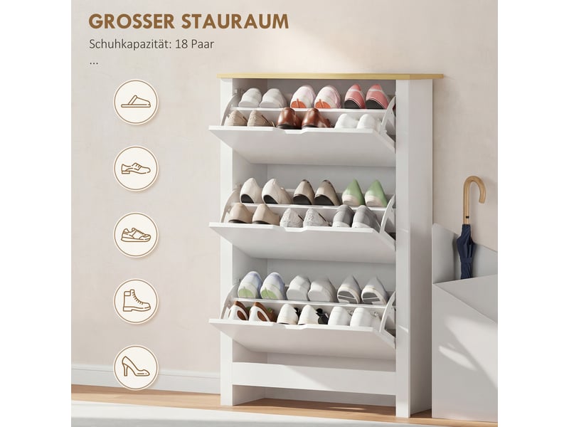 Meuble à chaussures 3 compartiments, capacité 18 paires. Étagère rangement chaussures, 72 x 26 x 112 cm, blanc et marron - Conforama E