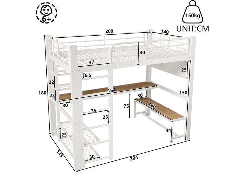  Lit mezzanine 140x200 cm avec bureau, led et rangements blanc  - Conforama C