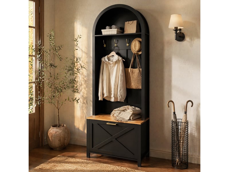  Meubles d'entrée avec patères, tablette et rangement à chaussures en mdf pour couloir, noir et bois, 75 × 35 × 195 cm  - Conforama B