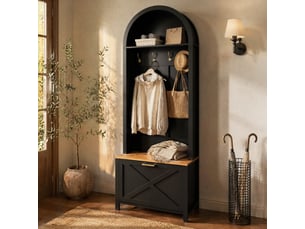 Meubles d'entrée avec patères, tablette et rangement à chaussures en mdf pour couloir, noir et bois, 75 × 35 × 195 cm