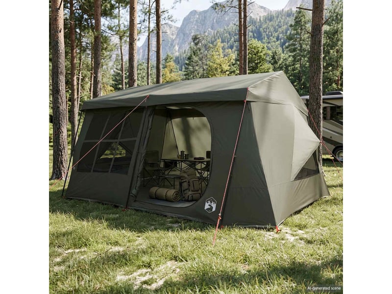  Tente de camping, tente familiale avec auvent imperméable 9 personne vert armée  - Conforama B
