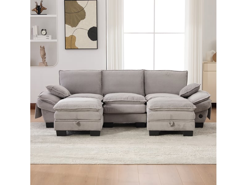  Canapé modulable 3 places en velours côtelé gris clair avec 2 poufs, usb-c et rangement pour le salon  - Conforama B