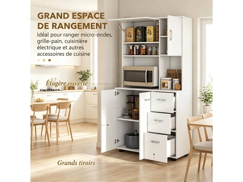  Buffet de cuisine blanc 168 cm avec portes et tiroirs, meuble de rangement en bois  - Conforama E