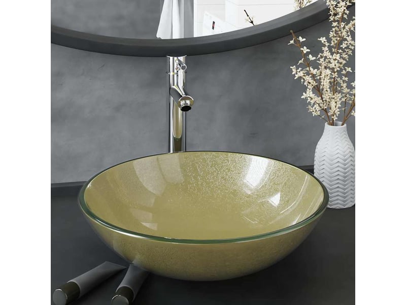 Lavabo de bain, vasque à poser avec robinet et drain à poussoir verre trempé cf65659 - Conforama B