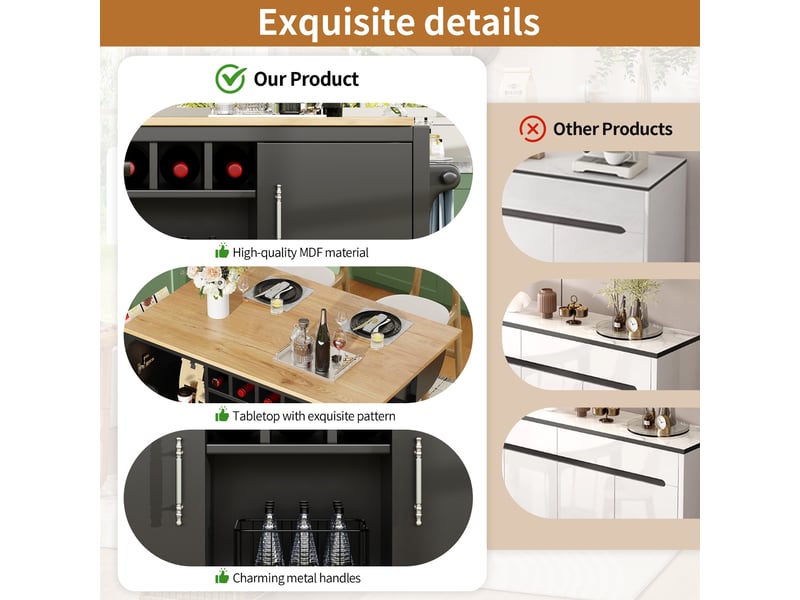  Desserte cuisine, îlot central sur roulettes avec plan de travail, plateau extensible, pivotant à 360°, dimensions 137,9 x 73 x 92,5 cm, mdf, noir  - Conforama E