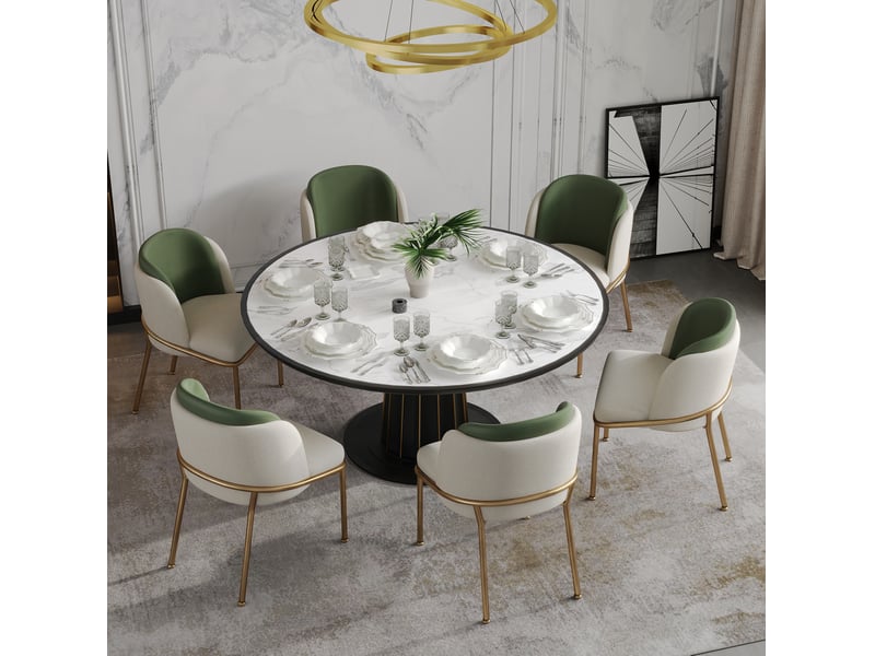  Lot de 6 chaises de salle à manger avec dossier ergonomique et patins réglables, en similicuir pvc vert, beige et doré  - Conforama B