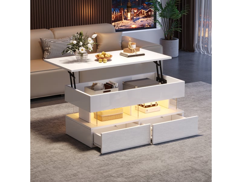  Table basse relevable blanche 100x50x46 cm avec rangement caché et 2 tiroirs, éclairage led bluetooth  - Conforama W