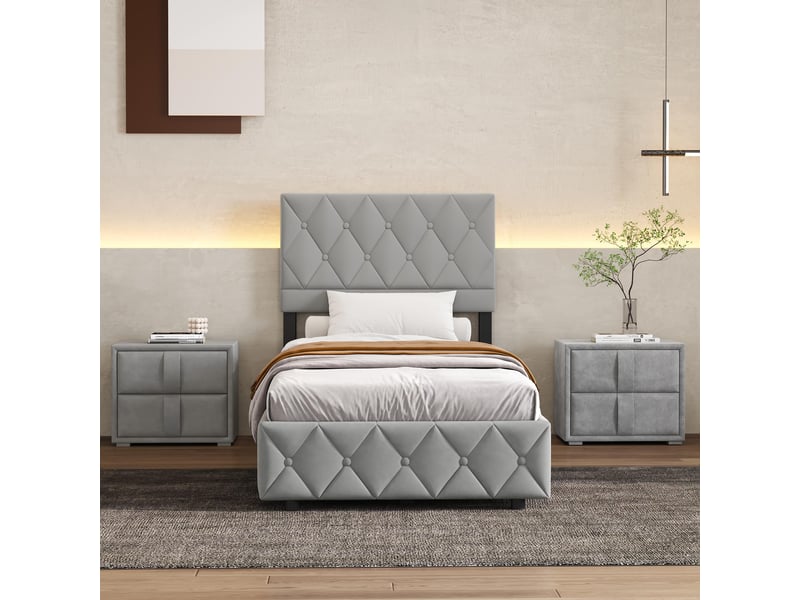  Lit simple 90 × 190 cm avec coffre de rangement, sans matelas, en simili cuir, gris  - Conforama D