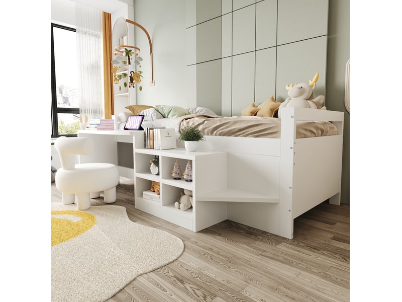  Lit enfant multifonction 90 x 200 cm avec bureau, rangements et prises usb, blanc  - Conforama D