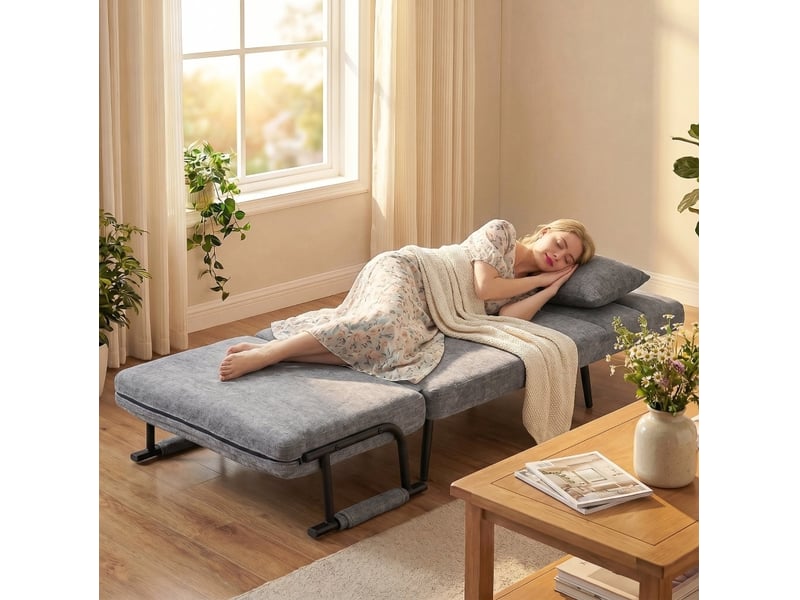  Fauteuil convertible 3 en 1 avec dossier réglable 5 positions et coussin lombaire en chenille et métal gris  - Conforama B