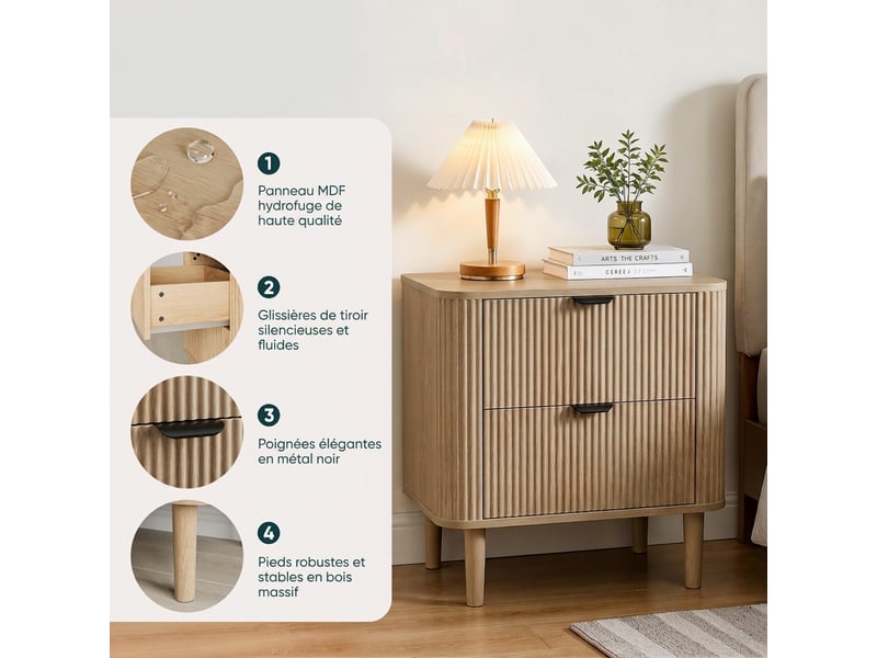  Table de chevet chêne naturel avec 2 tiroirs, bords arrondis, 57x40x57 cm  - Conforama E
