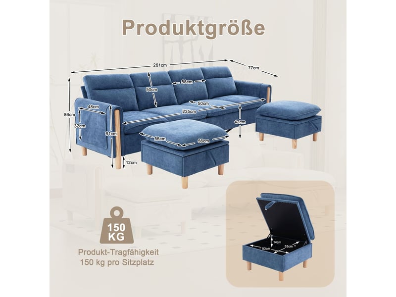 Canapé modulable forme en u deux poufs de rangement pieds en bois tissu confortable chenille bleue grand format - Conforama C