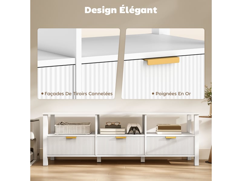  Meuble tv 152 cm, meuble télé pour téléviseur 65 pouces avec 3 tiroirs et 3 étagères ouvertes, blanc, 152x39,5x50cm  - Conforama R