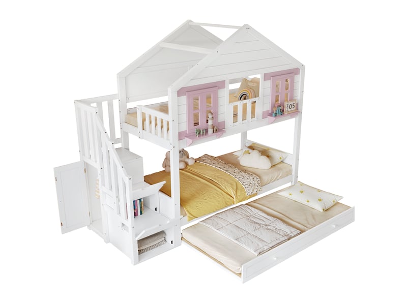 Lit superposé enfant avec lit gigogne, rangement escalier et espace penderie blanc et rose 90 x 200 cm - Conforama A