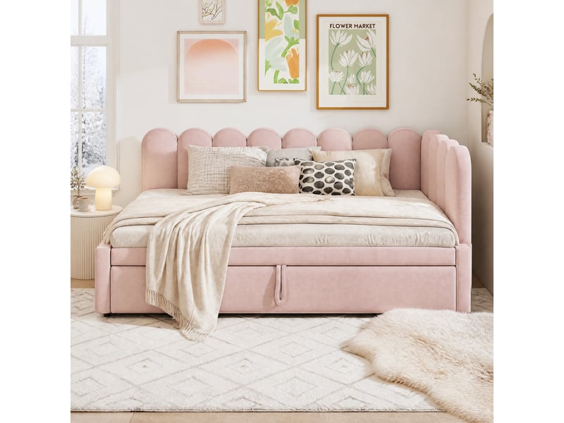  Lit gigogne simple 90×200 cm extensible 180×200 cm - okmyhome- en velours rose, sans matelas  - Conforama B