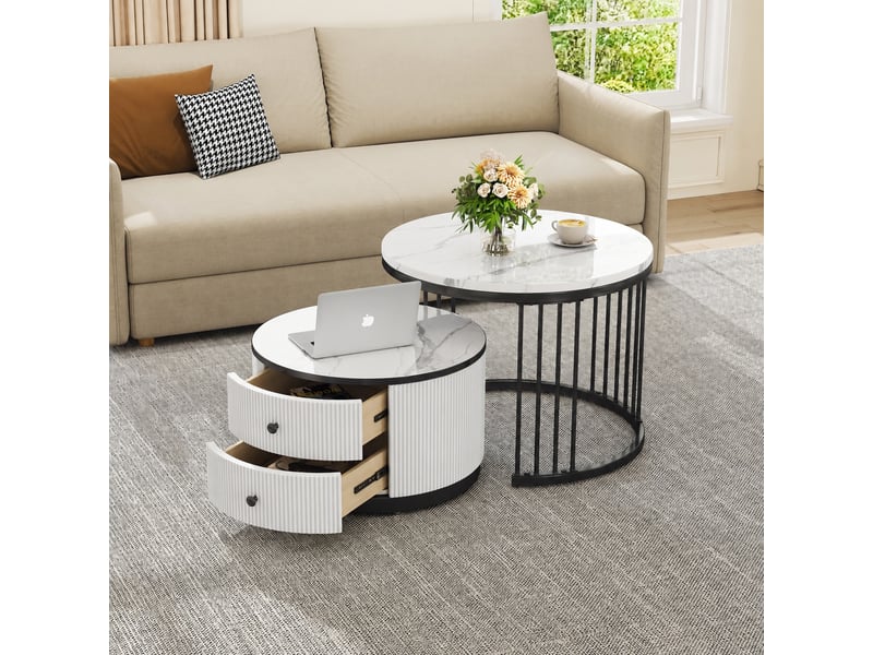 Ensemble de deux tables basses gigognes rondes, effet marbre brillant, 2 tiroirs, blanc et noir - Conforama C