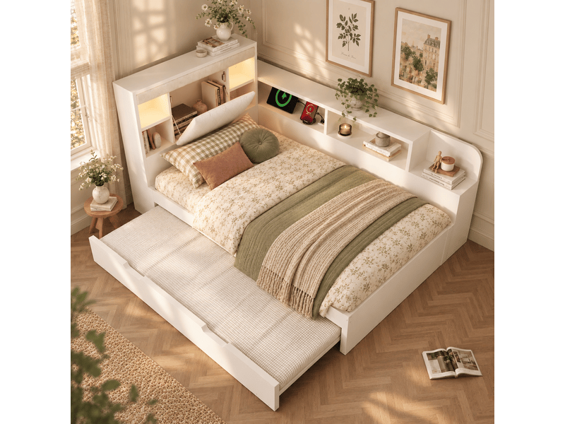  Lit banquette 90 × 190 cm avec lit gigogne, lit enfant en bois avec rangement, éclairage led, ports usb type-c et tête de lit rembourrée - blanc  - Conforama B