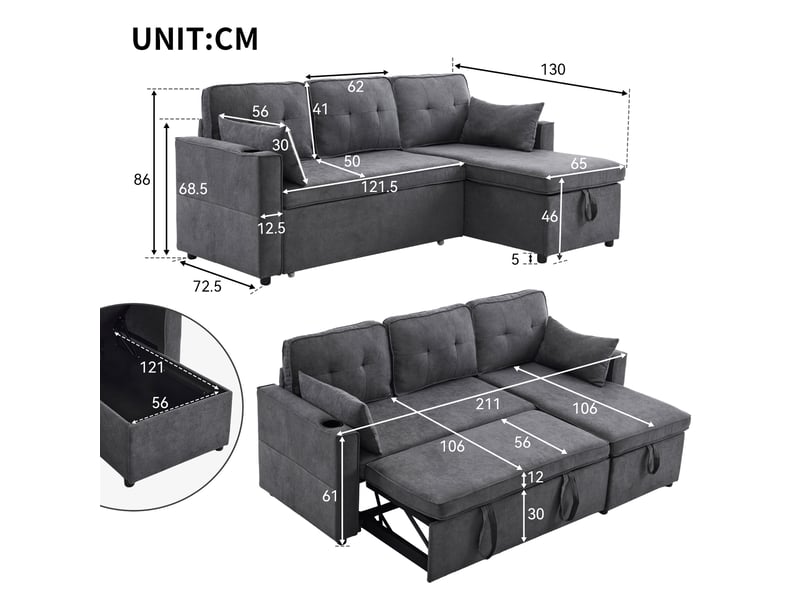  Canapé d’angle convertible en l 3 places avec méridienne réversible, fonction lit, coffre de rangement, porte-gobelets, poches latérales et 2 coussins - gris  - Conforama D