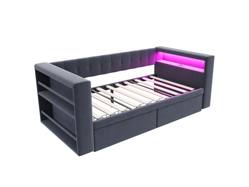  Lit enfant 90x190 cm, led, prise électrique, compartiments de rangement, 2 tiroirs, tissu, gris foncé, sans matelas  - Conforama A