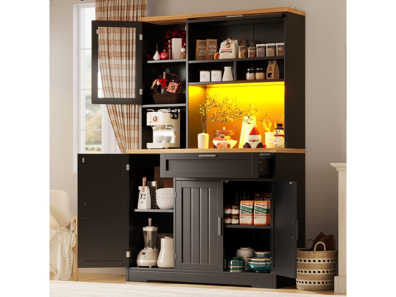  Buffet haut 104x40x180 cm - vitrine led, étagères réglables, grands rangements - blanc et noir  - Conforama C
