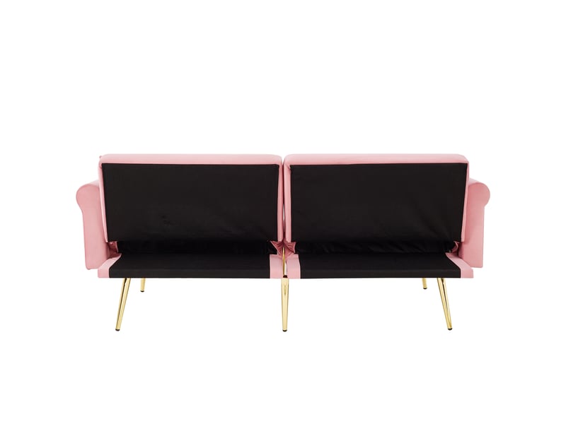  Canapé convertible 2 places en velours rose, dossier réglable sur 3 positions, couchage 147 x 85 cm, pieds métal doré  - Conforama E