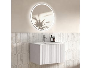 Ensemble meuble vasque suspendu 60 cm avec miroir rond led, finition blanche