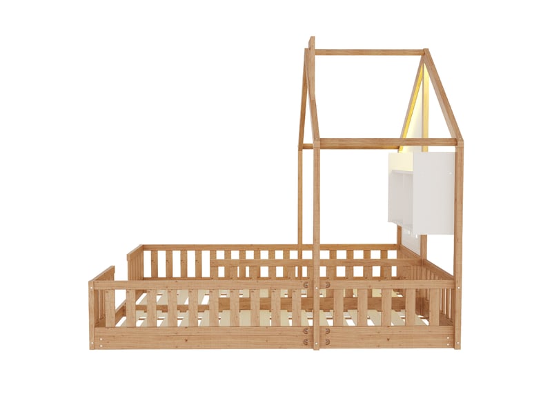 Lit simple enfant 90 x 200 cm, éclairage led, étagères de rangement, sommier à lattes inclus, coloris bois  - Conforama E
