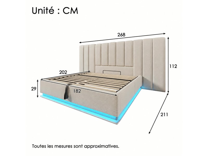  Lit double 180 x 200 cm, lit coffre hydraulique avec rangement, led, usb-c, lin beige  - Conforama C